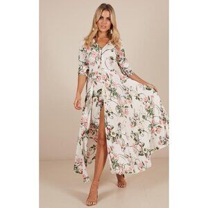 Showpo Women's Lone Traveller Maxi Dress 6/XS White Floral Crochet Button Slit